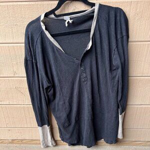 Free People Loose Black Long Sleeve Shirt with Brown Accents and Button Detail